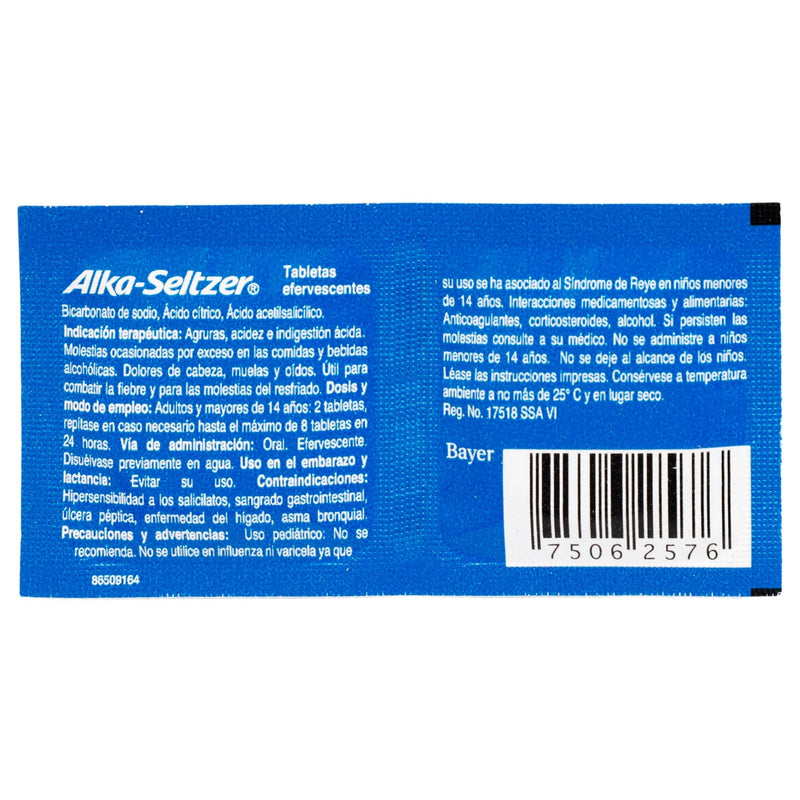 Alka Seltzer Efervecente V 1.98G/1G/324Mg 2 Tabletas (Bicarbonato/Ac Citrico/ Ac Acetilsalicilico) - WeCare Pharma