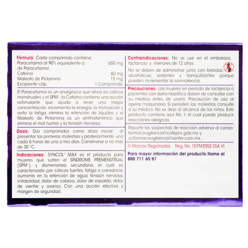 Syncol Max 650Mg/60/15Mg Con 12 Comprimidos (Paracetamol/Cafeina/Pirilamina) - WeCare Pharma