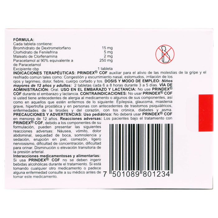 Prindex 15Mg/5Mg/2Mg/250Mg Con 20 Tabletas (Dextrometorfano/Fenilefrina/Clorfenamina/Paracetamol) - WeCare Pharma