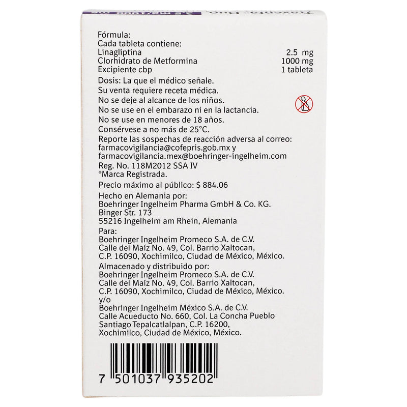 Trayenta Duo 2.5Mg/1000Mg Con 30 Tabletas (Linagliptina/Metformina) - WeCare Pharma