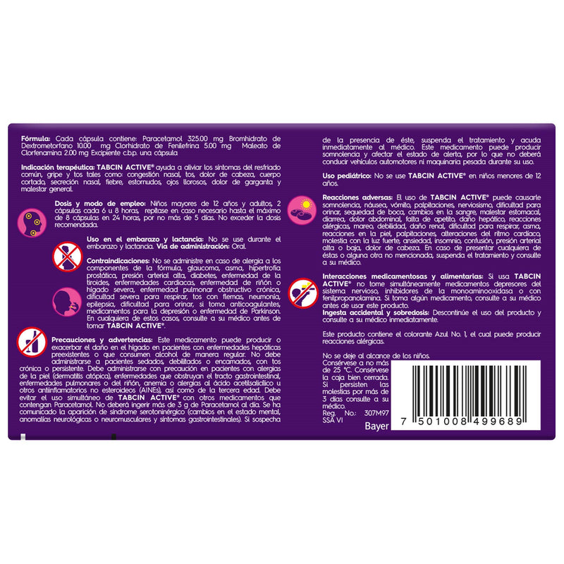 Tabcin Active 325Mg/10Mg/5Mg/2Mg 12 Capsulas (Paracetamol/Fenilefrina/Dextrometorfano/Clorfenamina) - WeCare Pharma