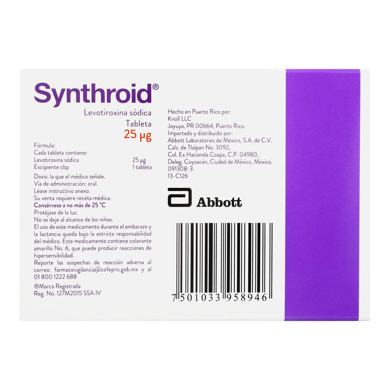 Synthroid 25Mcg Con 30 Tabletas (Levotiroxina Sodica) - WeCare Pharma