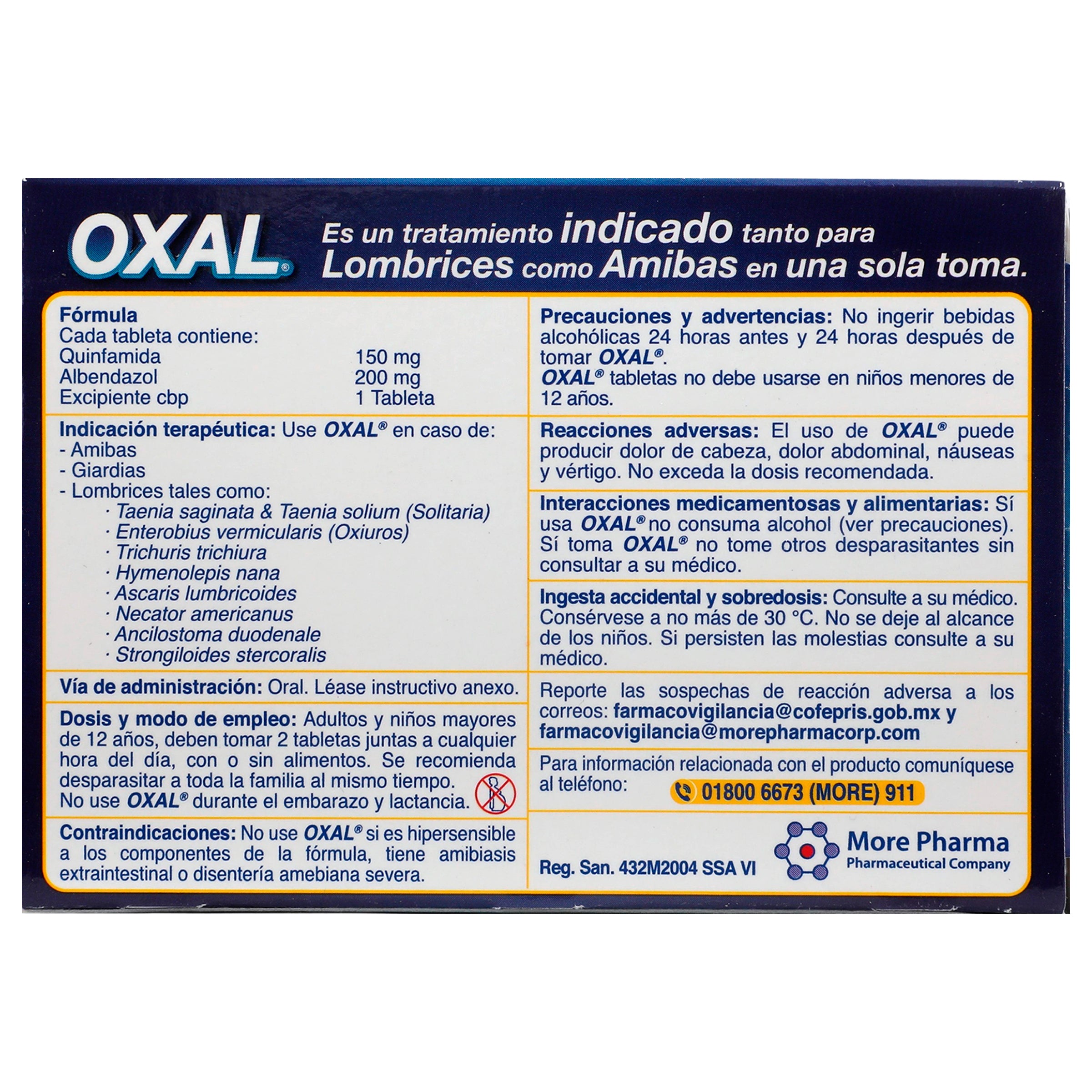 Oxal 150Mg/200Mg Con 2 Tabletas (Quinfamida/Albendazol) 6 - 7501086301041