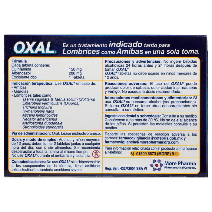 Oxal 150Mg/200Mg Con 2 Tabletas (Quinfamida/Albendazol) - WeCare Pharma