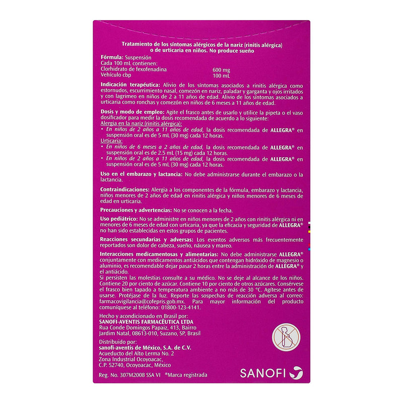Allegra Ped Suspensión 600Mg/100Ml 150Ml (Fexofenadina) - WeCare Pharma