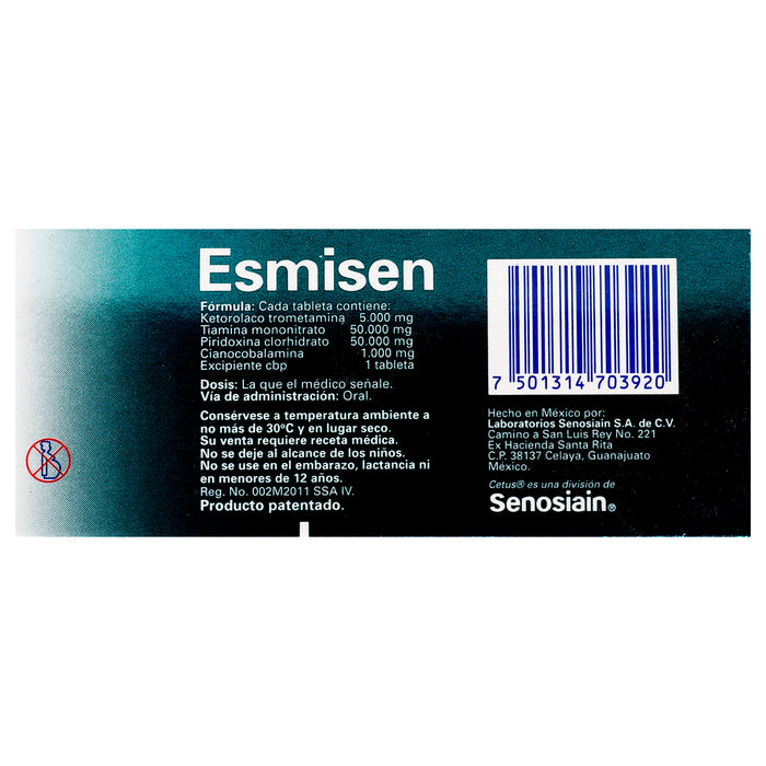 Esmisen 5Mg/50Mg/50Mg/1Mg Con 10 Tabletas (Ketorolaco/Tiamina/Piridoxina/Cianocobalamina) 7 - 7501314703920