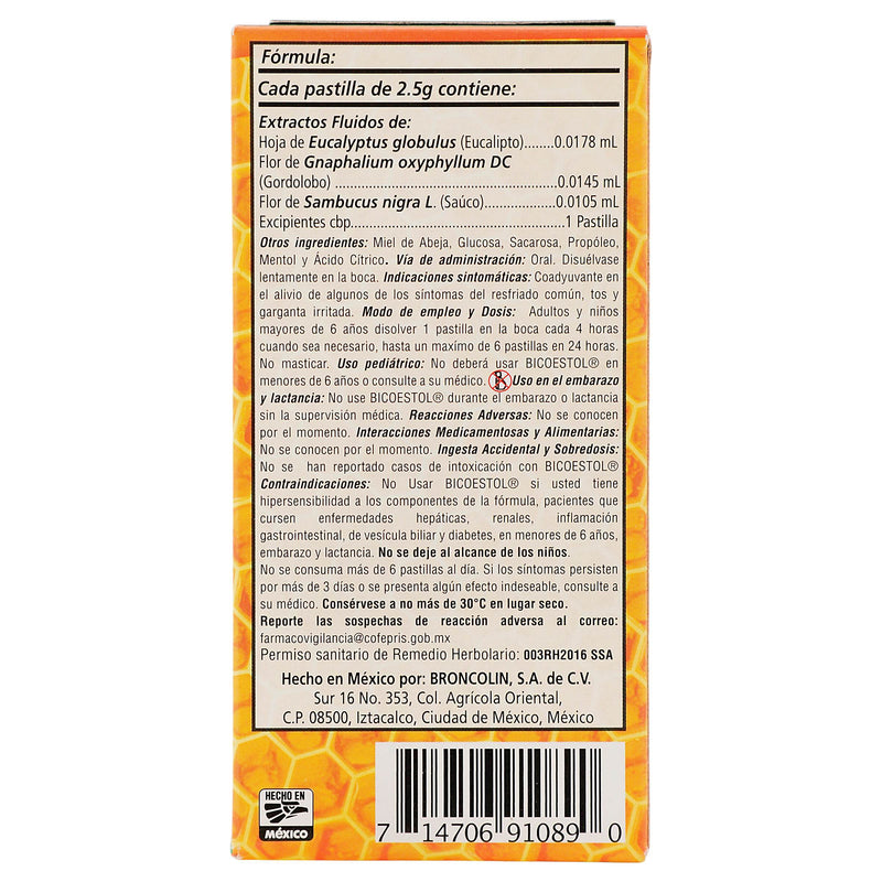 Broncolin Bicoestol Pastillas 2.5G Con 16 Limon (Eucaliptus Globulus/Gnaphalium/Sambucus Nigra) - WeCare Pharma
