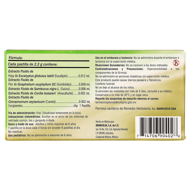 Broncolin Sugar Free Pastillas 2.2G Con 16 Limon (Mezcla De Plantas) - WeCare Pharma