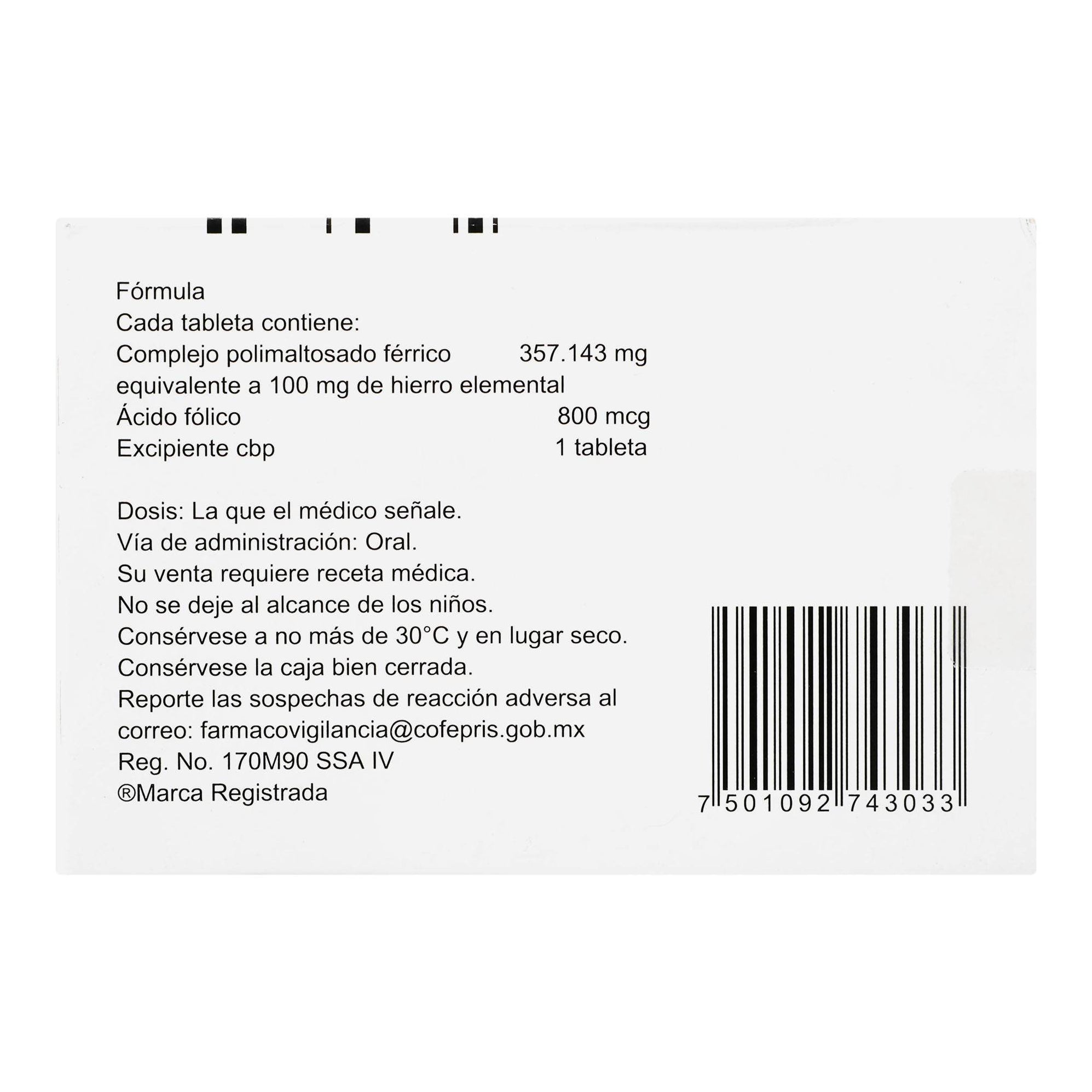 Ferranina Fol Grageas 100Mg/800Mcg Con 30 (Hierro/Acido Folico ...
