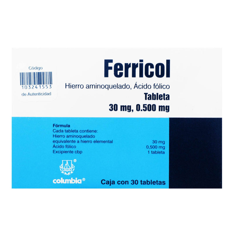 Ferricol 30Mg/500Mg Con 30 Tabletas (Hierro Aminoquelado/Acido Folico) - WeCare Pharma