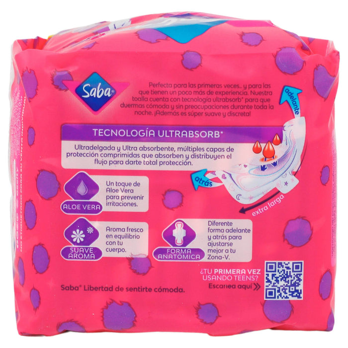 Toallas Saba Teens Ultradelgada Nocturna Con Alas Con 10 - WeCare Pharma