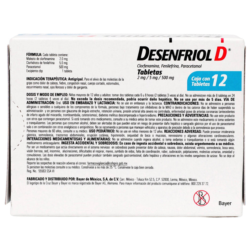 Desenfriol D 2Mg/5Mg/500Mg Con 12 Tabletas (Clorfenamina/Fenilefrina/Paracetamol) - WeCare Pharma