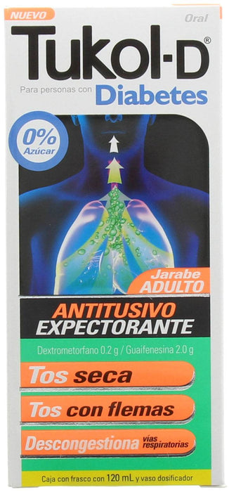 Tukol-D Diabetes (Dextrometorfano/Guaifrenesina) 0.2G/2G Frasco Con 120Ml - WeCare Pharma