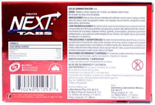 Next Tabletas 500Mg/25Mg/5Mg/4Mg Con 10 Tabletas (Paracetamol/Cafeina/Fenilefrina/Clorfenamina) - WeCare Pharma