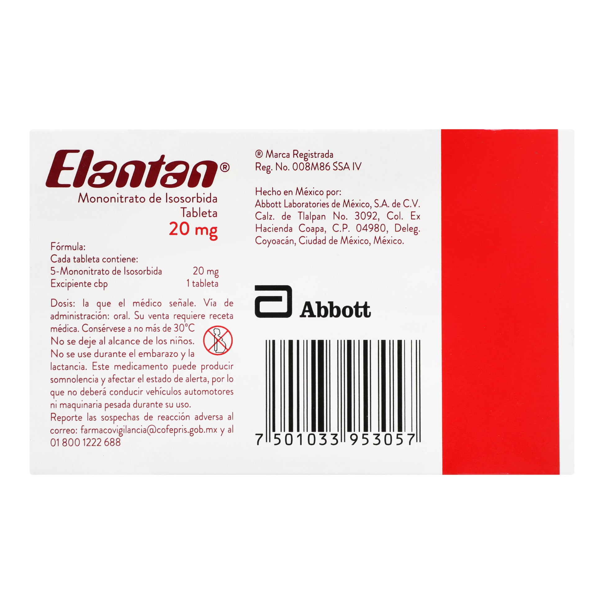 Elantan 20Mg Con 30 Tabletas (Mononitrato De Isosorbida) 5 - 7501033953057