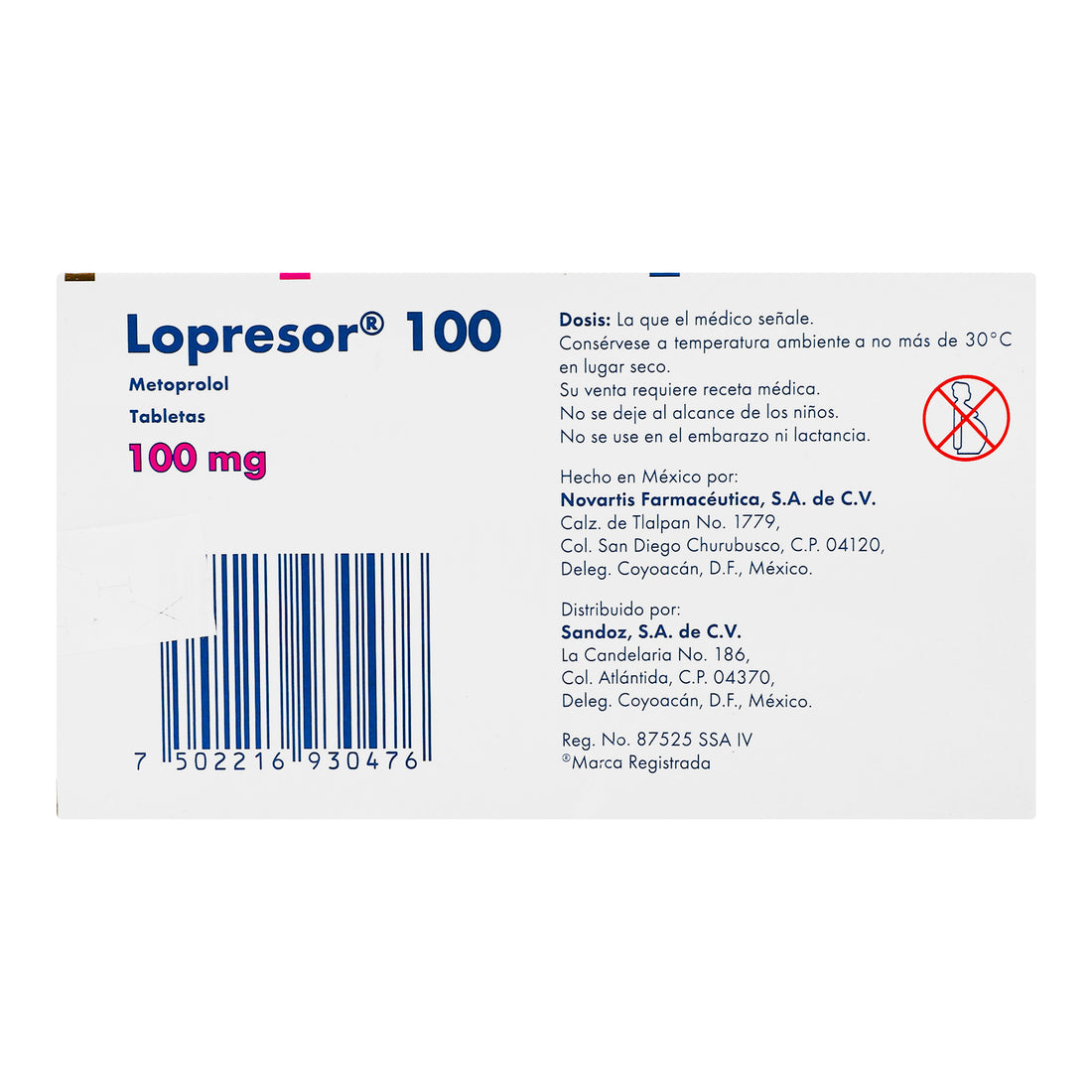 Lopresor 100 100Mg Con 20 Tabletas (Metoprolol) 4 - 7502216930476