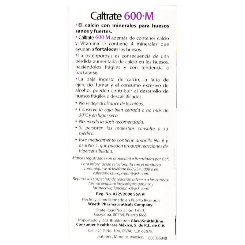 Caltrate 600+M Con 60 Tabletas (Vitamina D3/Minerales) - WeCare Pharma
