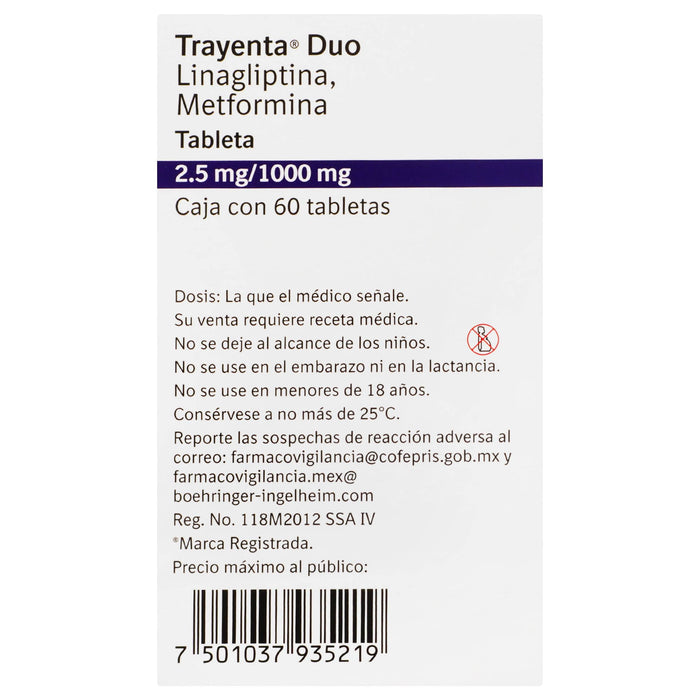 Trayenta Duo 2.5Mg/1000Mg Con 60 Tabletas (Linagliptina/Metformina) - WeCare Pharma