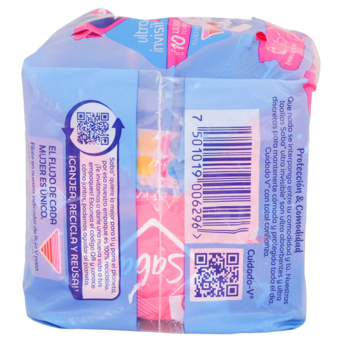 Toallas Saba Ultra Invisible Ultradelgada Con Alas Con 10 - WeCare Pharma