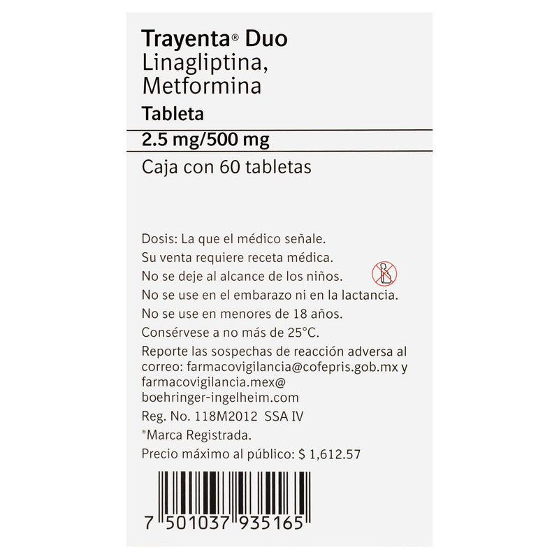 Trayenta Duo 2.5Mg/500Mg Con 60 Tabletas (Linagliptina/Metformina) - WeCare Pharma