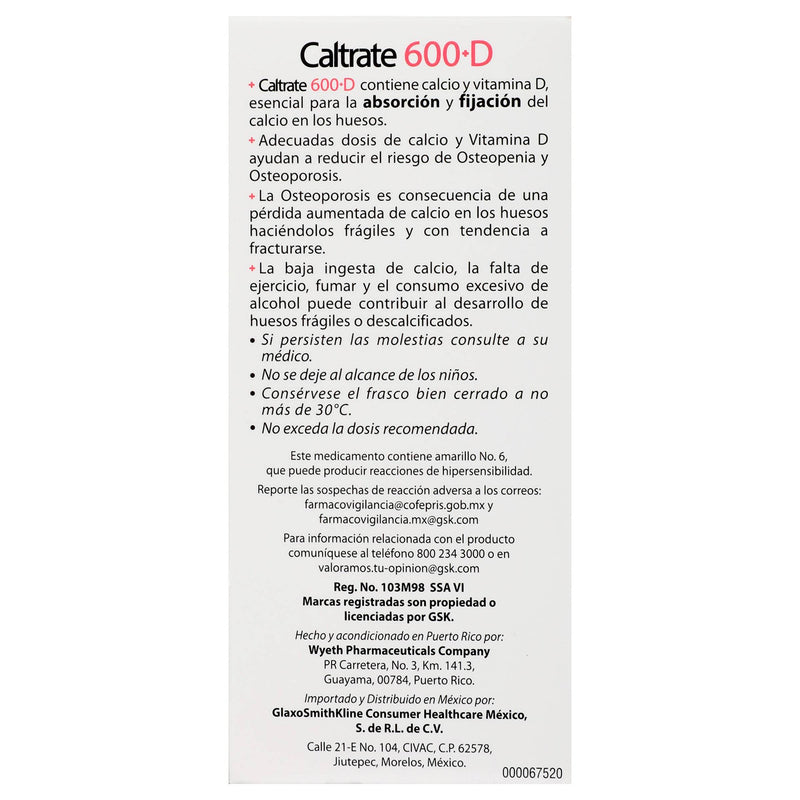 Caltrate 600+D 600Mg/400Unid Con 60 Tabletas (Carbonato De Calcio/Colecalciferol) - WeCare Pharma
