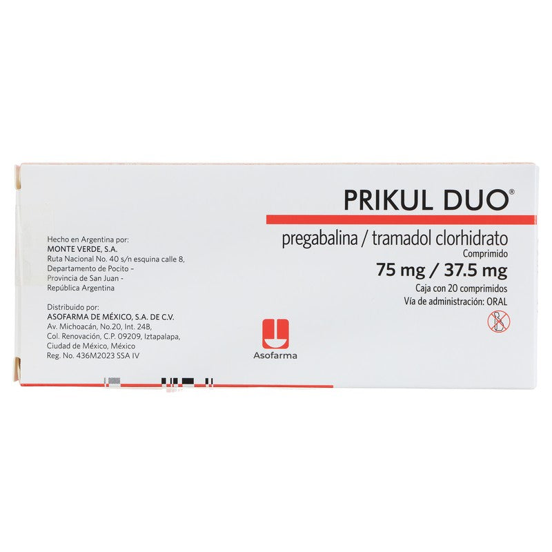 Prikul Duo PregabalinaTramadol Clorhidrato Tabletas 75Mg37.5Mg Con 20 7730766002330 7