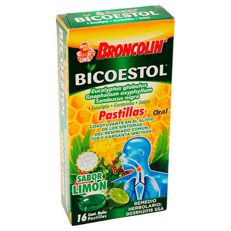 Broncolin Bicoestol Pastillas 2.5G Con 16 Limon (Eucaliptus Globulus/Gnaphalium/Sambucus Nigra) - WeCare Pharma