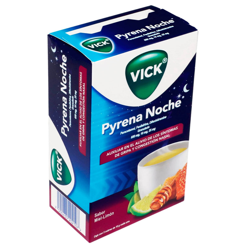 Vick Pyrena Noche Sobres 650Mg/10Mg/25Mg 10G Con 5 (Paracetamol/Fenilefrina/Difenhidramina) - WeCare Pharma