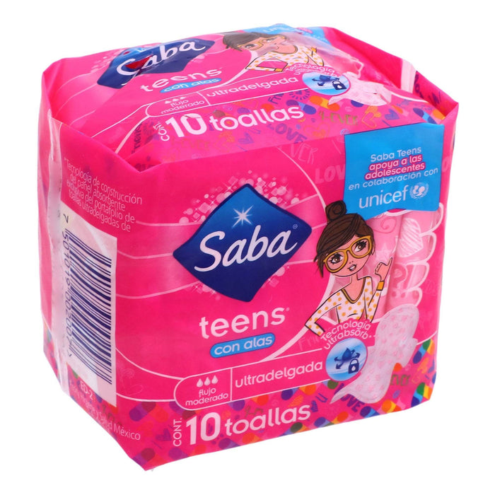 Toallas Saba Teens Ultradelgada Con Alas Con 10 - WeCare Pharma