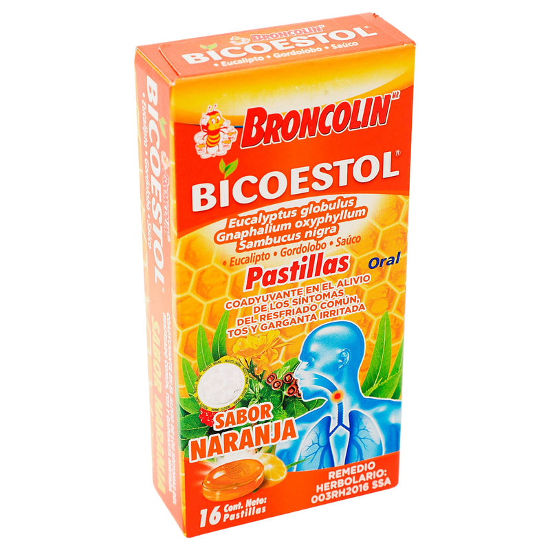 Broncolin Bicoestol Pastillas 2.5G Con 16 Naranja (Eucaliptus Globulus/Gnaphalium/Sambucus Nigra) - WeCare Pharma