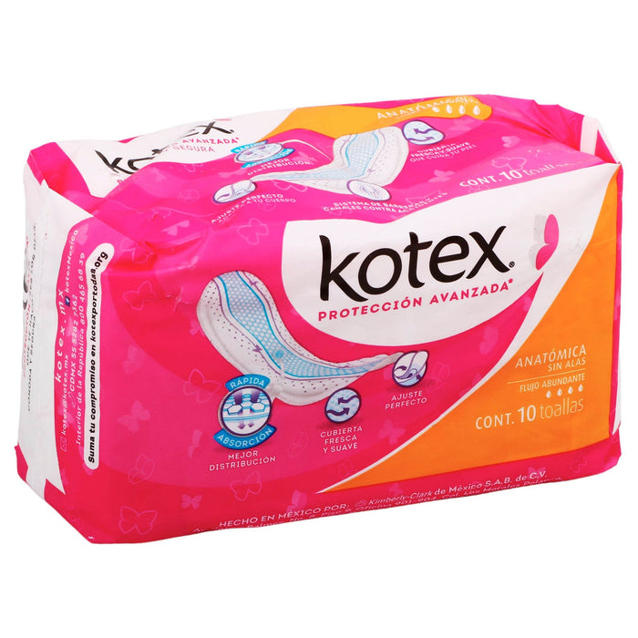 Toallas Sanitarias Kotex Clásicas Anatómicas Sin Alas Con 10 - WeCare Pharma