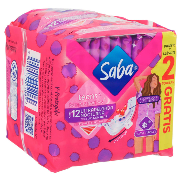 Toallas Saba Teens Ultradelgada Nocturna Con Alas Con 10 - WeCare Pharma