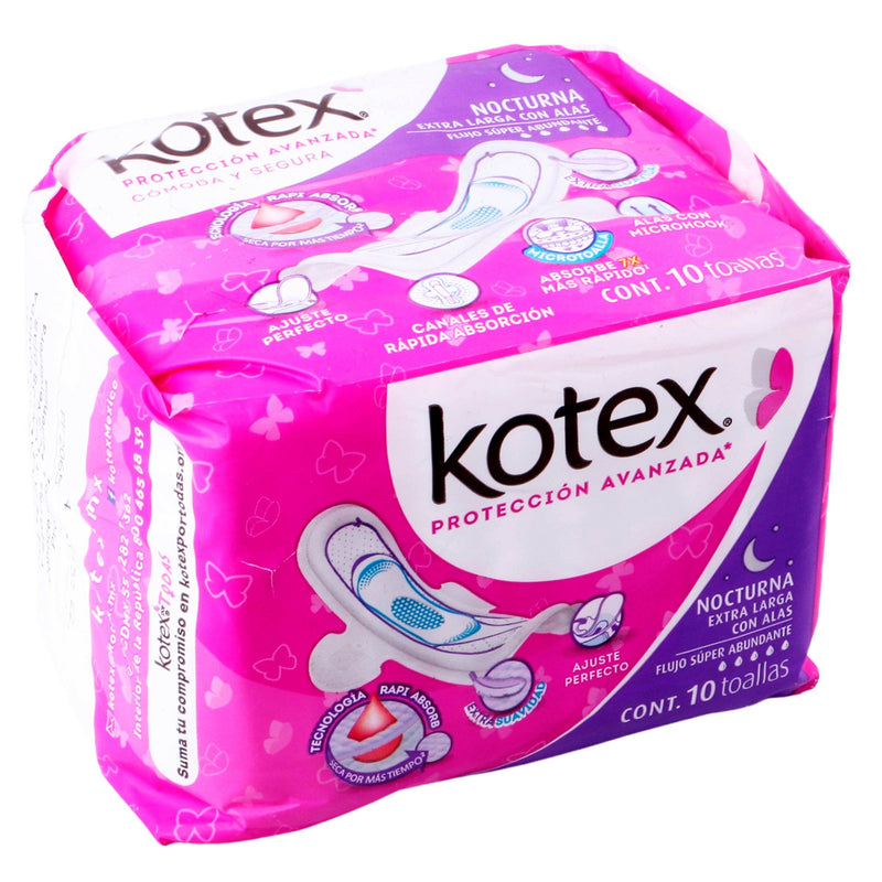 Toallas Kotex Nocturna Extra Larga Con Alas Con 10 - WeCare Pharma