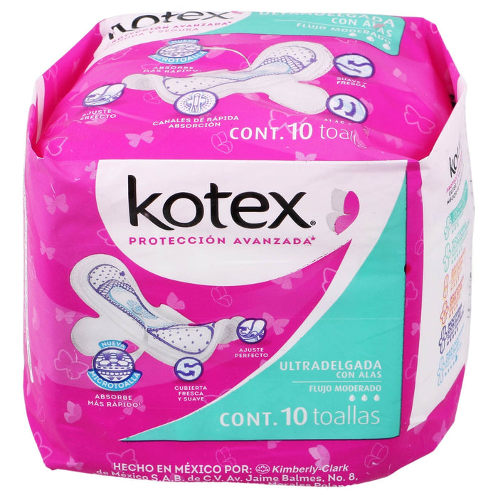 Toallas Kotex Ultradelgada Flujo Moderado Con Alas Con 10 - WeCare Pharma