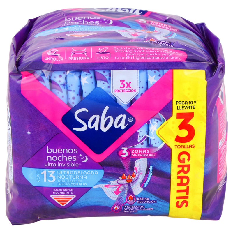 Toallas Saba Buenas Noches Ultradelgada Con Alas Con 10 - WeCare Pharma