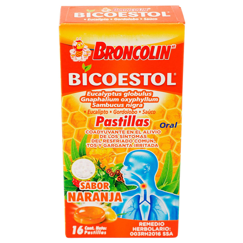 Broncolin Bicoestol Pastillas 2.5G Con 16 Naranja (Eucaliptus Globulus/Gnaphalium/Sambucus Nigra) - WeCare Pharma