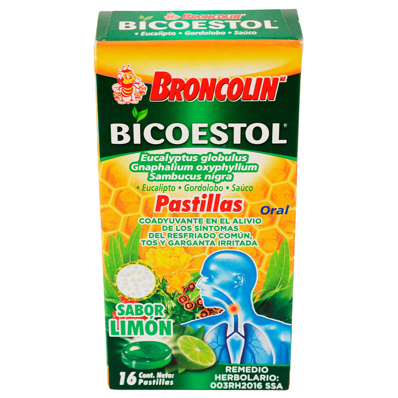 Broncolin Bicoestol Pastillas 2.5G Con 16 Limon (Eucaliptus Globulus/Gnaphalium/Sambucus Nigra) - WeCare Pharma