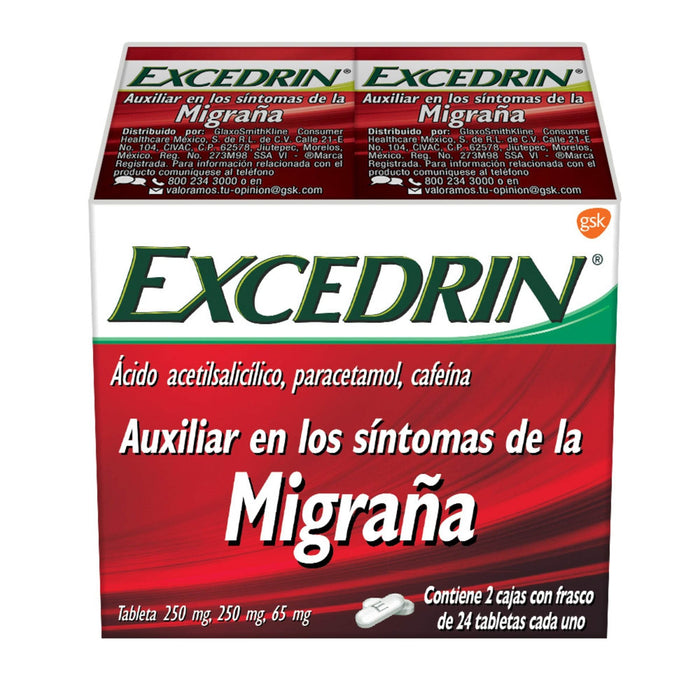 Excedrin Migraña 24 Tabletas 2 Frascos (Ácido Acetilsalicilico/Paracetamol/Cafeina) - WeCare Pharma