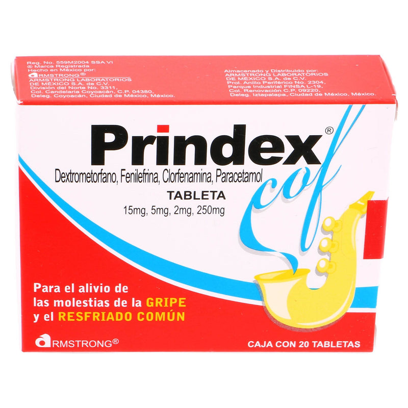 Prindex 15Mg/5Mg/2Mg/250Mg Con 20 Tabletas (Dextrometorfano/Fenilefrina/Clorfenamina/Paracetamol) - WeCare Pharma