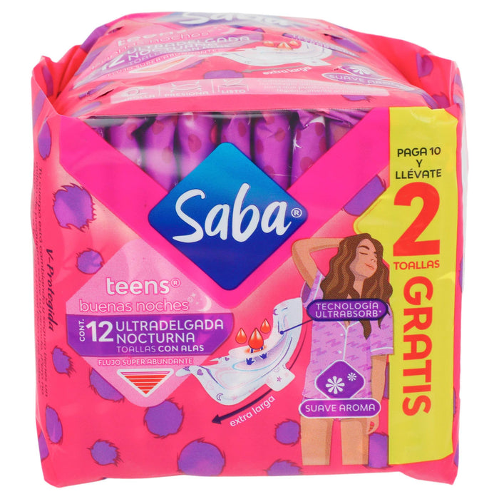 Toallas Saba Teens Ultradelgada Nocturna Con Alas Con 10 - WeCare Pharma