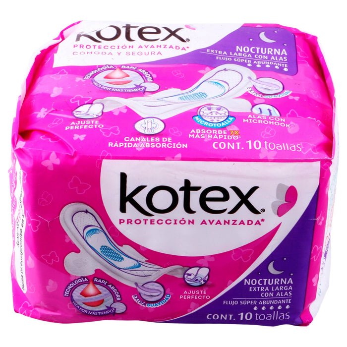 Toallas Kotex Nocturna Extra Larga Con Alas Con 10 - WeCare Pharma