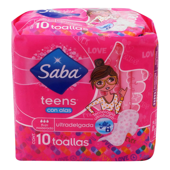 Toallas Saba Teens Ultradelgada Con Alas Con 10 - WeCare Pharma
