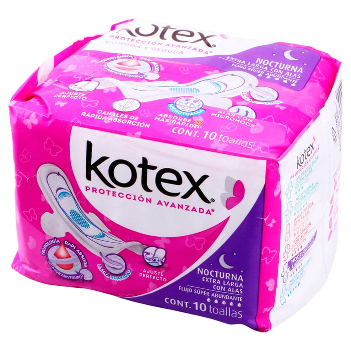 Toallas Kotex Nocturna Extra Larga Con Alas Con 10 - WeCare Pharma
