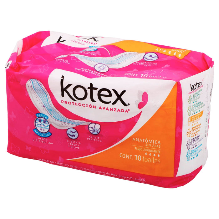 Toallas Sanitarias Kotex Clásicas Anatómicas Sin Alas Con 10 - WeCare Pharma