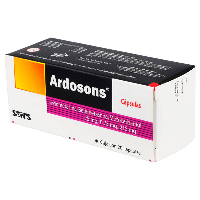 Ardosons 25Mg/0.75Mg/215Mg Con 20 Capsulas (Indometacina/Betametasona/Metocarbamol) 3 - 7502001162426