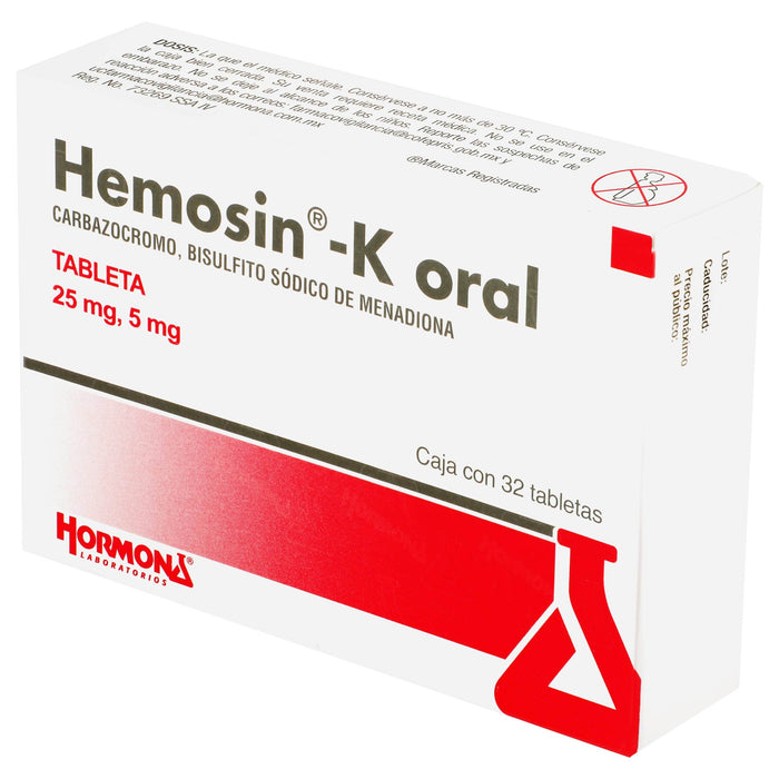 Hemosin-K Oral 25Mg/5Mg Con 32 Tabletas (Carbazocromo/ Bisulfito Sodico De Mediadiona) - WeCare Pharma