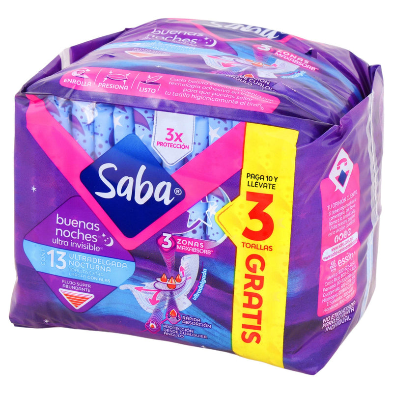 Toallas Saba Buenas Noches Ultradelgada Con Alas Con 10 - WeCare Pharma