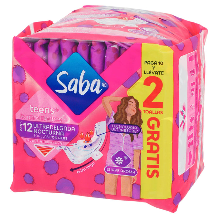 Toallas Saba Teens Ultradelgada Nocturna Con Alas Con 10 - WeCare Pharma